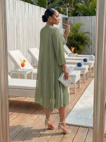 SHEIN Lady CURVE Plus Size Women's Solid Color 3/4 Sleeve Open Front Jacket And Rhinestone Decor Pleated Thick Strap Dress Elegant Set - Olive Green - View 2