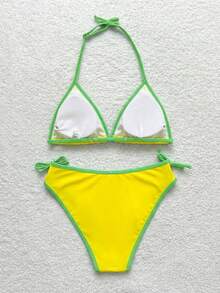SHEIN Teen Girl Navy Blue & Yellow Contrast Trim Halter Neck Bikini 2 Pieces Swimwear Set, Spring/Summer - Multicolor - View 6
