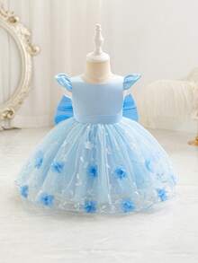 SHEIN Glamorique Kids Đầm công chúa cho bé gái sơ sinh và trẻ nhỏ, đầm dự tiệc, đầm sinh nhật, đầm cưới, tay ngắn, nơ lớn phía sau, đầm lưới thêu, hoa 3D, kiểu dáng Châu Âu và Mỹ. - Màu xanh lam - Xem 2