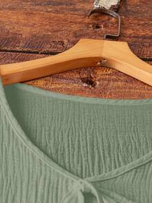 EMERY ROSE Plus Size Women's Green Casual Vacation Shirt Blouse, Cotton, Ruffle Sleeves, Bow Decor, Suitable For Daily Outing, Vacation Travel, Leisure & Home - Green - View 4