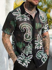 Manfinity RSRT Men's Black Green Paisley Mesh Shirt - Sheer Contrast Collar, Festival Streetwear, Casual Vacation Top/Men's Knitted Jacquard Green & White Contrast Color Botanical Print Retro Short Sleeve Shirt Men Resort Wear Men Printed Pattern Short Sleeved Shirt, Holiday - Green - View 7