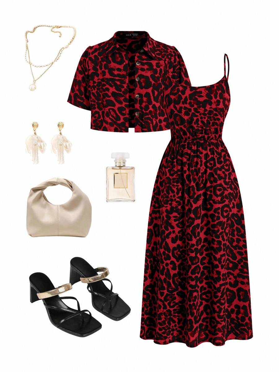 Gownix Plus Size Women Leopard Print Camisole Dress And Single-Breasted Short Sleeve Top Casual 2-Piece Set - Red - View 1