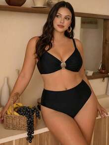 Swim Chiccia 2026 New Elegant Metal Decor Solid Color Adjustable Strap Swimwear Set, Chic Beach Holiday Outfit For Plus Size - Black - View 2