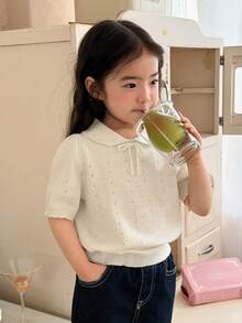 DAZY Toddler Girls' Collar Textured Bow Short Sleeve Elegant T-Shirt - White - View 1