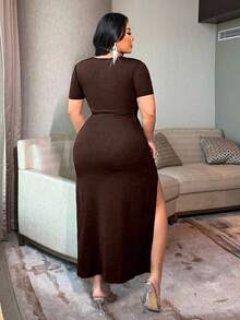 NU&NOW Plus Size Women's Brown Knitted Ribbed Dress,Hollow-Out Front Metal Eyelet,High Slit Drawstring Bodycon Midi,Sommar 70's Night Out Club Party - Brown - View 6