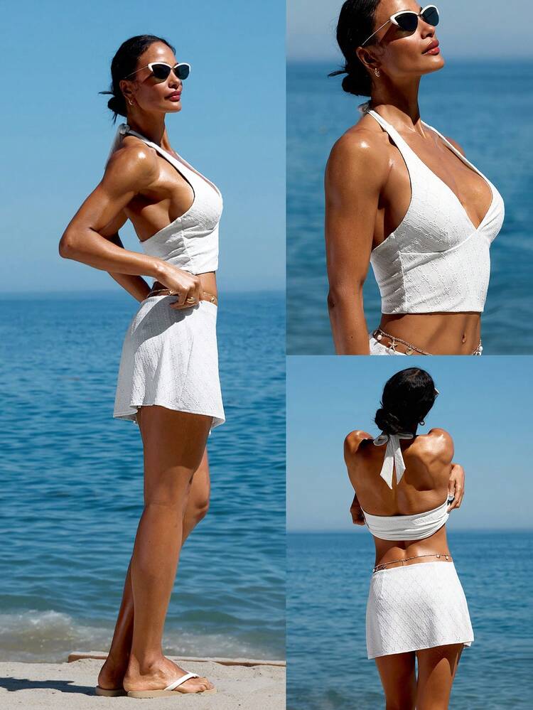 Resort Style Cropped Halter Lace Removable Cups Tank Top Low Impact Vacation Holiday Summer Travel Beach Daily Casual Wear