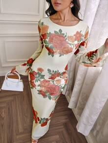 Modelyn 女士碎花优雅收腰中长连衣裙，适合派对和聚会，假日碎花连衣裙，女士夏季假日装扮，女士碎花连衣裙，花朵印花连衣裙，优雅碎花连衣裙，茶会连衣裙，长袖碎花连衣裙 - 彩色 - 查看 2