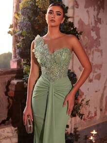Glamrae Chân váy đuôi cá xếp ly co giãn, sang trọng, đính cườm và sequin họa tiết hoa, thích hợp cho đám cưới, tiệc tùng, kỳ nghỉ, dạ hội và các dịp trang trọng (đính kèm nhiều chi tiết). - màu xanh lá - Xem 7