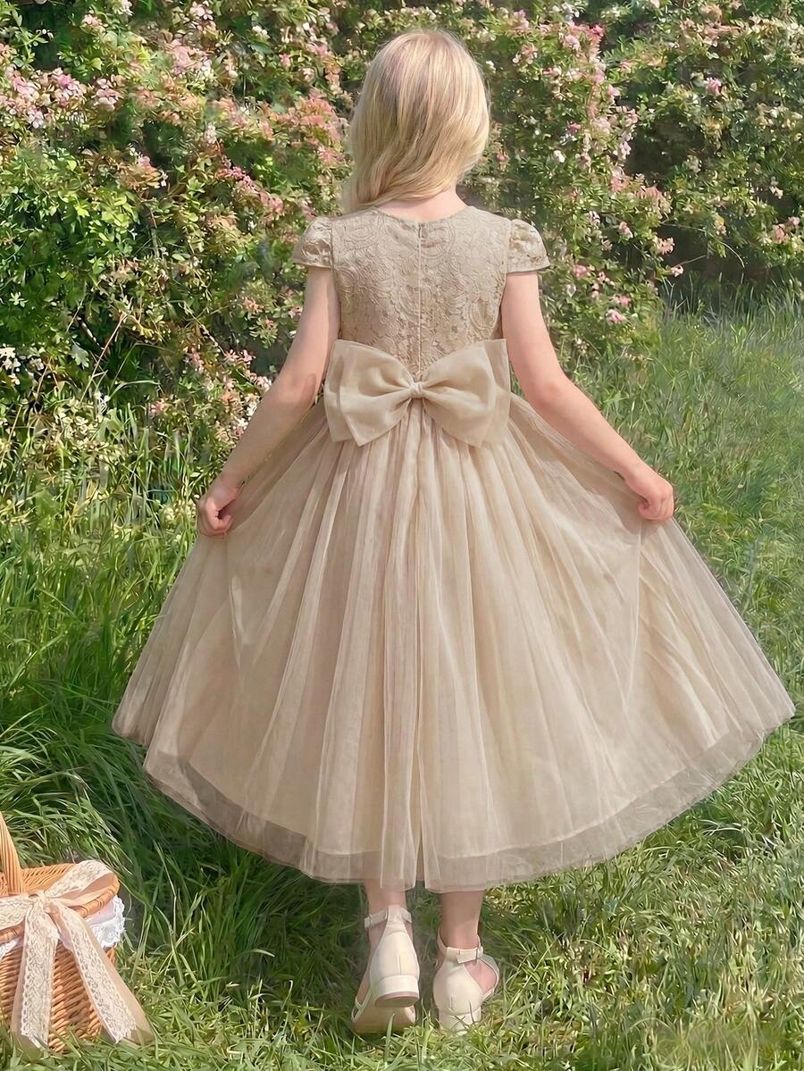 Tween Girl Elegant Contrast Lace Bow Decor Party Dress