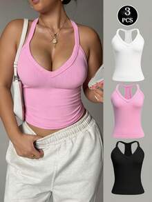 SHEIN Sovereign Charm 3 Stücke/Set Damen Große Größen Sport T-Shirt, Weste in Weiß, Pink, Schwarz, nahtlos gestrickt dehnbar sexy Yoga, Golf, Outdoor Lässig Sport Trägerhemd, beliebter Stil - Verschiedenfarbig - Übersicht 2