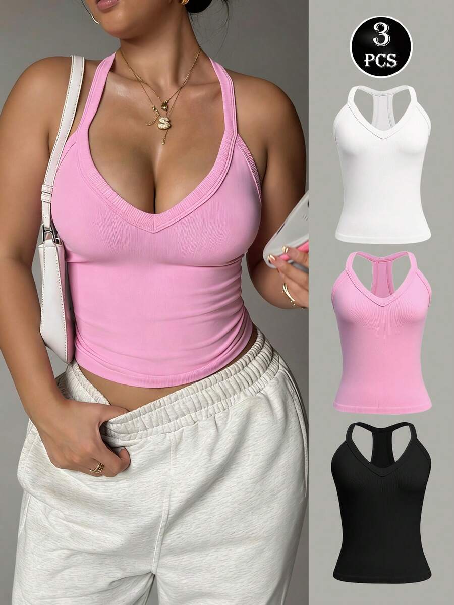 SHEIN Sovereign Charm 3 Stücke/Set Damen Große Größen Sport T-Shirt, Weste in Weiß, Pink, Schwarz, nahtlos gestrickt dehnbar sexy Yoga, Golf, Outdoor Lässig Sport Trägerhemd, beliebter Stil