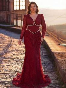 Aureia 大码优雅性感红色V领泡泡袖薄纱蕾丝拼接褶皱腰身水钻装饰鱼尾裙摆正式礼服（重工装饰设计）大码酒红色连衣裙 大码束身连衣裙 红色曲线连衣裙 大码婚纱 大码魅力连衣裙 女士正式礼服 大码晚礼服 女士奢华连衣裙 - 紅色 - 查看 3