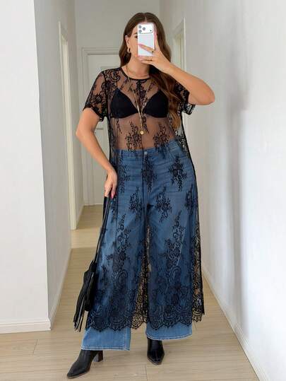 SHEIN LUNE Đầm ren cổ tròn tay ngắn xuyên thấu gợi cảm dành cho nữ cỡ lớn