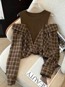 SHEIN LUNE 女士优雅复古百搭格子露肩长袖衬衫 - 卡其色 - 查看 3