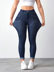 SHEIN FlexDen Women's High Waist Skinny Casual Versatile Jeans - Blue - View 3