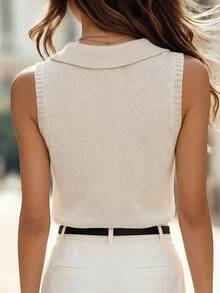 Balvessa Top sin mangas de punto de unicolor y cuello en V, adecuado para el verano y el trabajo, chaleco de punto para mujer - Beis - Ver 2