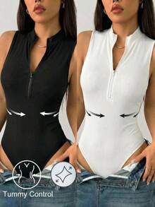 SHEIN EZwear Bộ áo liền thân dệt kim 2 mảnh màu đen trắng dành cho nữ - Nhiều màu - Xem 1