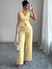 SHEIN Elenzya 女士夏季新款非洲雏菊提花压纹优雅休闲日常通勤商务套装蓝色背心和裤子两件套 - 淡黃色 - 查看 4