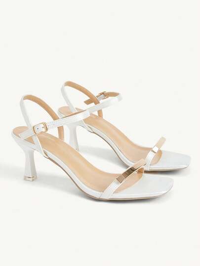 CUCCOO CHICEST Women's Summer New Metal Strap Square Open-Toed Kitten Heel High Heels Commuter Style White High-Heeled Sandals