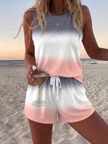 Sylviya 女士休闲针织多色渐变印花吊带背心和短款运动短裤两件套，带口袋，女士夏季两件套服装 - 彩色 - 查看 6