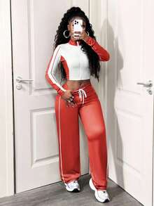 SHEIN BamGlam Bộ đồ hai mảnh thường ngày dành cho nữ, thiết kế phối màu, áo khoác dài tay có khóa kéo và quần ống rộng có dây rút, thích hợp cho mùa thu. - Đỏ - Xem 5