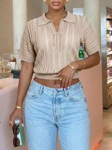 SOLERSUN Women's Solid Color Collared Short-Sleeved Top,Simple And Stylish,Daily Wear,Suitable For All Seasons. - Khaki - View 5