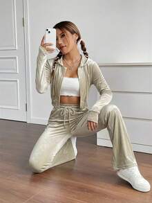 SHEIN EZwear 拉链抽绳连帽两件套外套和裤子 - 杏色 - 查看 3