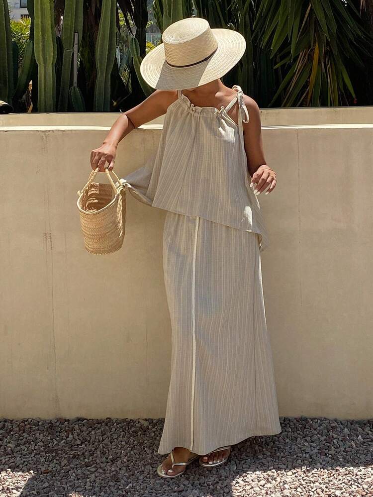 2pcs Women's Summer Vacation Outfit - White Tie-Up Frill Trim Striped Blouse And Flare Pants Set