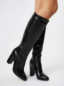 ROMWE Goth 2025 年秋冬搭配夹克，肯德尔风格修身方头高筒粗跟弹力马靴，适合女士，适合搭配开衫时尚毛衣、黑色靴子 - 黑色 - 查看 7