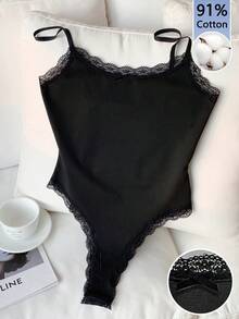 SHEIN EZwear 女士蕾丝边休闲连体衣，适合日常穿着 - 黑色 - 查看 7