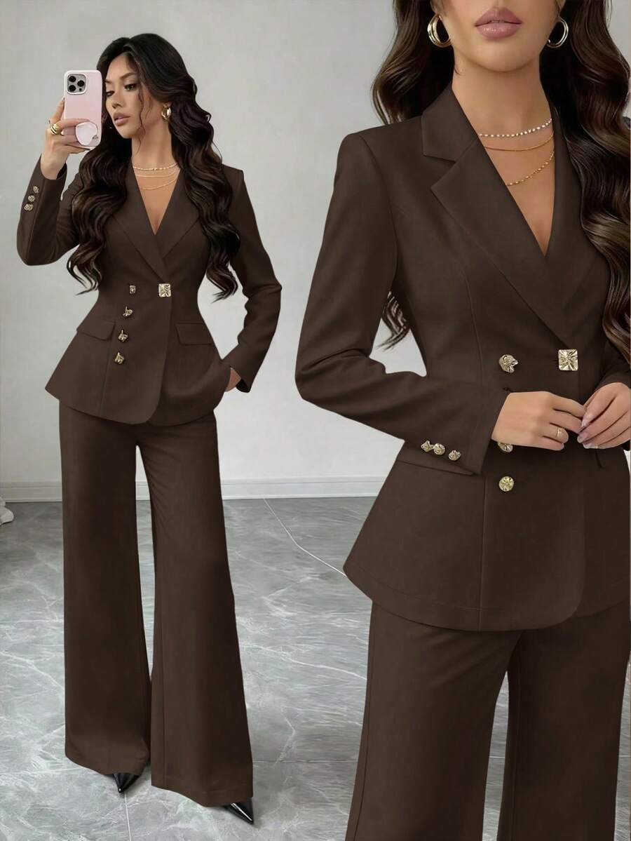 Rafferiza Bộ vest nữ công sở kiểu Pháp tối giản, màu trơn, khóa cài bất đối xứng, ôm sát người, phù hợp cho công việc hàng ngày và cuộc sống chuyên nghiệp. Bộ vest mới dành cho nữ. - màu nâu - Xem 1