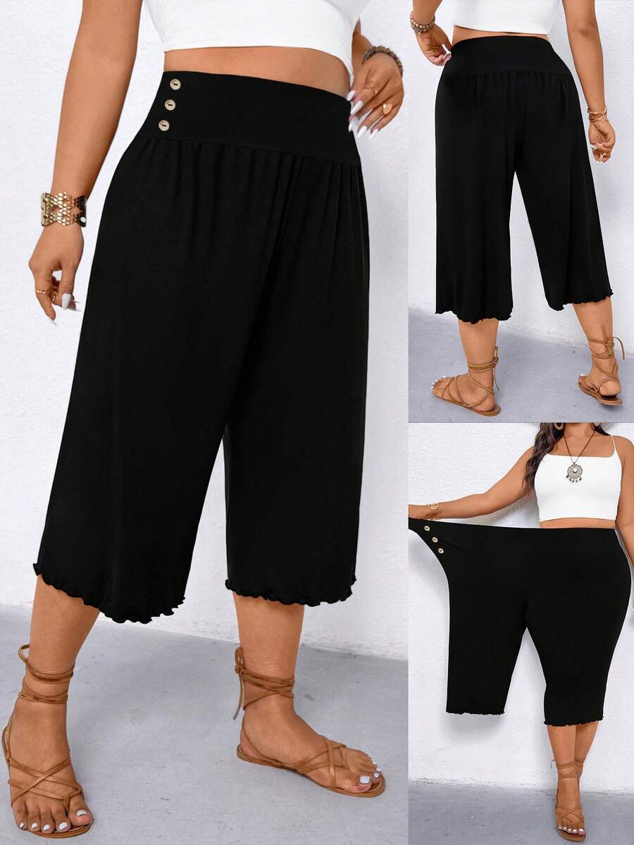 Elenzga Plus Size Women Casual Ruffle Waist Wide Leg Capri Pants - Black - View 1