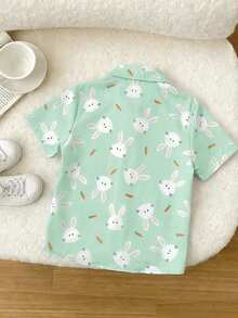 SHEIN 1 buah Kemeja Lengan Pendek Lembut Motif Kelinci Vintage untuk Anak Laki-laki, Gaya Sekolah Nyaman & Praktis untuk Musim Panas, Seragam Keluarga, Pakaian Sehari-hari, Paskah - Mint Green - View 7