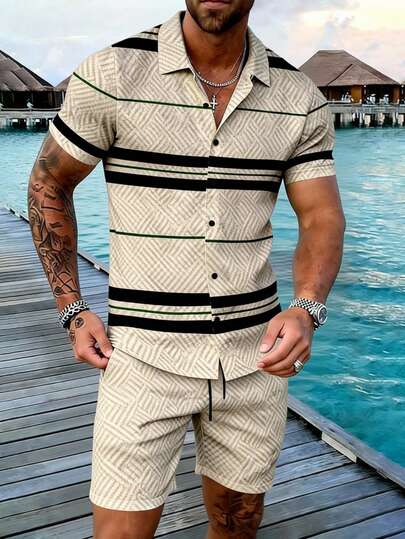 Manfinity RSRT 男士条纹印花纽扣短袖衬衫和斜插口袋短裤休闲套装