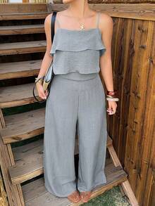 Dazy Plus Spring & Summer Vacation Style Cropped Camisole Top With Ruffle Hem And Casual Pants Set, Plus Size - Dusty Blue - View 5