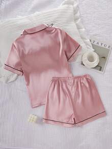 SHEIN Girls Classic Collar Solid Color Pocket Embroidered Short Sleeve Cardigan Matching Shorts Pajamas Set, Comfortable Casual Loungewear - Pink - View 2