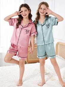 4件套女童浅粉色和浅绿色纯色口袋爱心印花短袖开衫上衣和短裤休闲舒适家居服 - 彩色 - 查看 4