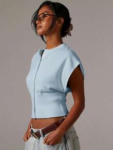 Athîral 女士纯色简约日常毛衣背心 - 淺藍色 - 查看 5