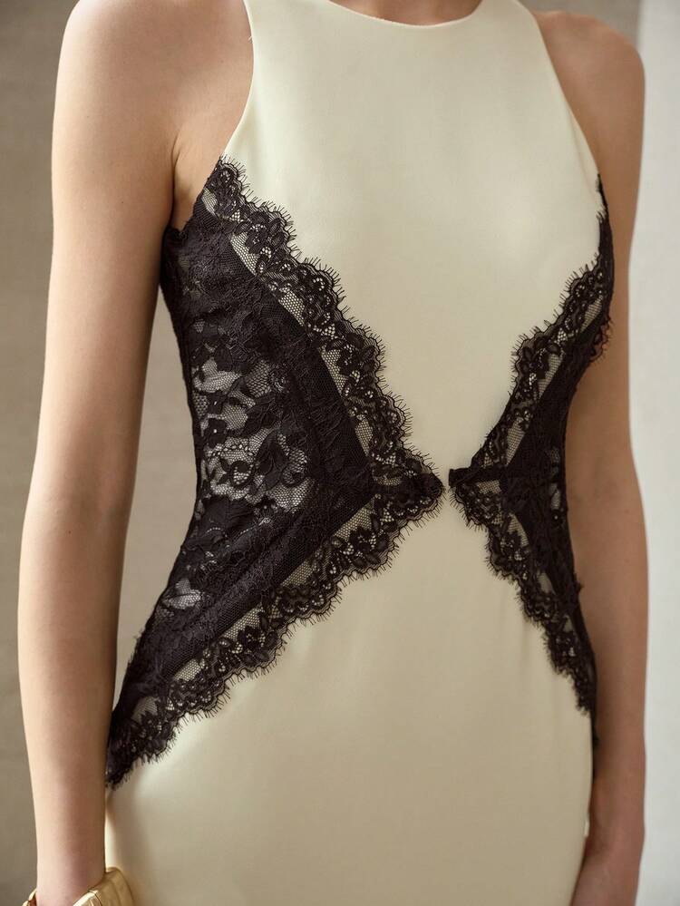 FITTED LACE SPLICE COLOR BLOCK LONG DRESS, AUTUMN/WINTER