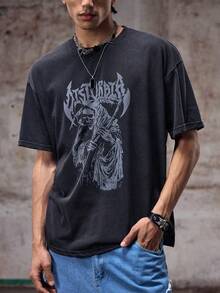 男士复古字母和骷髅图案圆领短袖休闲 T 恤，夏季，Emo，2000 年代风格 - 黑色 - 查看 6