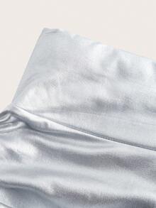SHEIN EZwear 女士金属色褶皱紧身打底裤 - 銀色 - 查看 3