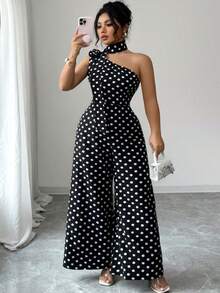 GlowEve CURVE Bộ jumpsuit nữ cỡ lớn thanh lịch màu đen trắng chấm bi cổ lệch, thích hợp mặc đi làm, mùa xuân/hè. - màu đen - Xem 3