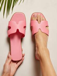 SHUZIA Dép lê nữ cao cấp, kiểu dáng sang trọng, hở mũi, họa tiết lá cọ tối giản, chất liệu giả da màu hồng đào, thích hợp cho mùa xuân, đi nghỉ mát, đi biển, quà tặng Ngày của Mẹ hoặc Giáng sinh. - Hồng - Xem 2