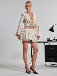 Hauture Áo kiểu gợi cảm tay dài cổ chữ V sâu, xoắn phía trước. - Màu Khaki - Xem 3