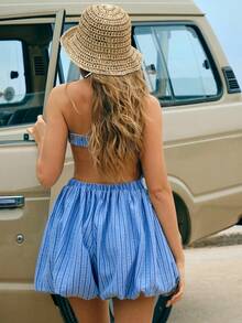 WESTFADE 无肩带露背镂空修身喇叭裙摆条纹连体裤 - 藍色 - 查看 2