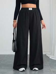 SHEIN Tall CURVE CURVE 大尺碼女款寬腿寬鬆長褲 黑色 秋季休閒 傳統高個女孩字母刺繡 高腰口袋 居家晚餐辦公 - 黑色 - 查看 5