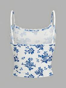 SHEIN Girlism Teen Girl Minimalist Korean Style Ditsy Floral Lace Trim Ruched Camisole And Ruched Waist Shorts Soft Comfortable Pajama Set, 2pcs - Blue and White - View 6