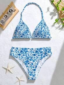 SHEIN 少女蓝色碎花两件式比基尼泳衣，时尚性感沙滩装，适合游泳派对 - 藍色 - 查看 3