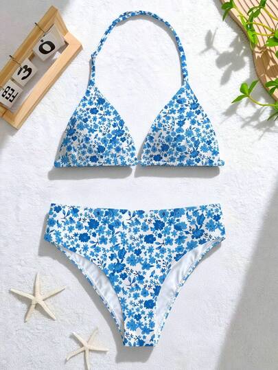 SHEIN 少女蓝色碎花两件式比基尼泳衣，时尚性感沙滩装，适合游泳派对