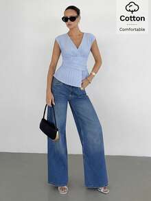 Siren Gaze 女士V领条纹休闲百搭日常上衣 女士休闲穿搭 女士夏季穿搭 女士休闲上衣 女士夏季上衣 条纹V领上衣 - 藍白色 - 查看 3